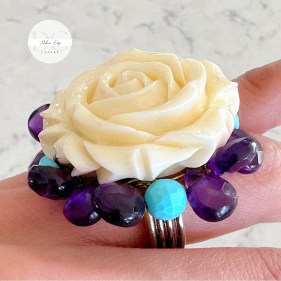 Sterling Silver 925 Resin Ring With Amethyst And Turquoise Real Quartz - Picture 6 of 7